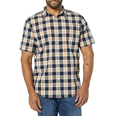 Immagine di Amazon Essentials Camicia in Popeline a Maniche Corte Slim Uomo, Blu Marino Oro Motivo Scozzese, L