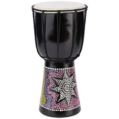 Immagine di a Star Tamburo africano Djembe colorato dipinto 6 pollici Autentico fatto mano, corda sintonizzata, testa in pelle naturale 30 cm di altezza, 15 diametro
