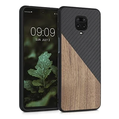 Immagine di kwmobile Cover Compatibile con Xiaomi Redmi Note 9S / 9 Pro Max Custodia in Fibra di Carbonio e Legno Bumper Anti Urto Back Protection marrone scuro
