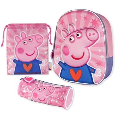 Immagine di BONNYCO Zaino Scuola Elementare Bimbo 3D, Zainetto Asilo Bambino e Astuccio Peppa Pig Bambina da 3 Anni Pacchetto di