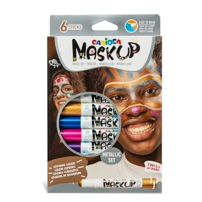 Immagine di CARIOCA Set Mask Up Metallic, Kit Truccabimbi, Trucchi per Bambine e Bambini, la Pelle in Stick a Base Acqua, Colori Assortiti Tutorial con 2 Fantasie, 6 Pezzi
