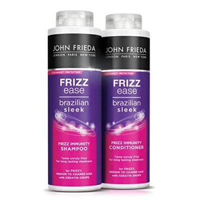 Immagine di John Frieda Frizz Ease Brazilian Sleek Immunity Smoothing Shampoo e Balsamo Duo Pack 2 x 500 ml, Anticrespo Levigante Bundle per capelli crespi secchi