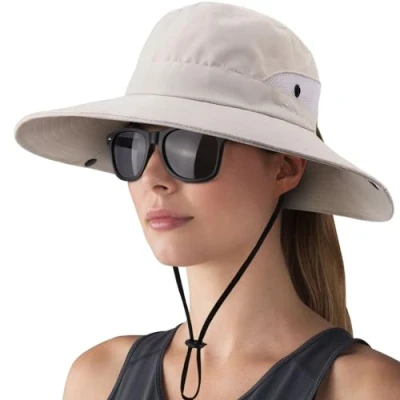 Immagine di DRESHOW Donna Sole Cappello All&#039;aperto UV Protezione Maglia Pieghevole Tesa Larga Pesca Coda di Cavallo Spiaggia Secchiello Cappelli con Occhiali da Vista
