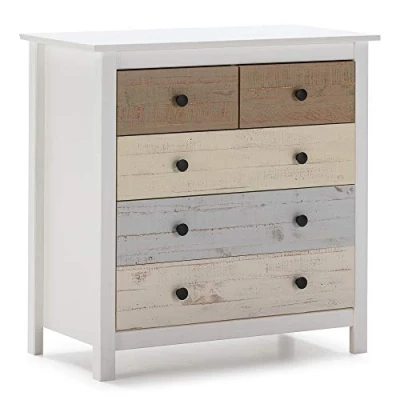 Immagine di VS Venta stock Cassettiera Magda Bianco con 5 cassetti di Diversi Colori, Realizzato in Pino Massiccio