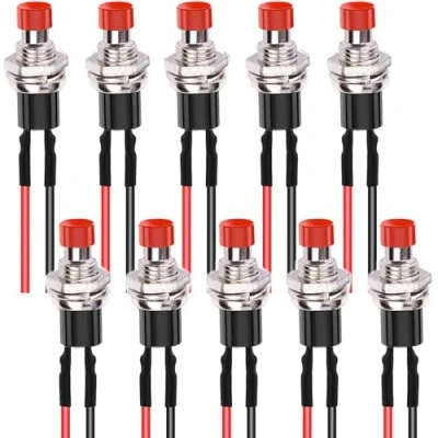 Immagine di RUNCCI YUN Mini Pulsanti Temporanei 10pz pulsante momentaneo, Rontondo, rosso, 1 A, 250 V, CC, con 2 perni, 7mm，SPST, per Apertura Normale(con Fili)
