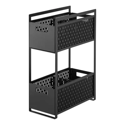 Immagine di Yamazaki 5219 TOWER Set di cestini portaoggetti a 2 ripiani, in resina ABS, acciaio, silicone, design minimalista, 16 x 32,5 46 cm (L P A)