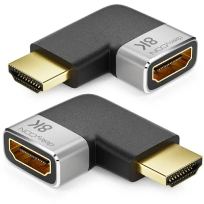 Immagine di deleyCON 2 Pezzi Connettori di Accoppiamento Adattatore HDMI 8K@60Hz / 4K@120Hz UHD Alluminio 2.1 ARC HDR10+ Dolby Vision VRR ALLM 48Gbps Angolato Destra/Sinistra Grigio Nero