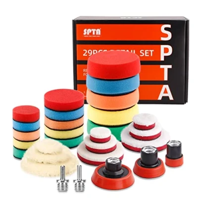 Immagine di SPTA Tamponi Lucidatura, 29 Pezzi 25mm/50mm/80mm lucidatura Spugne di Cera Auto Pad Set con M14 Adattatore Tampone per Eccentrico Lucidatrice Grinder