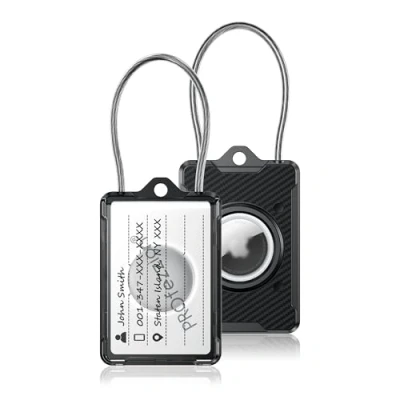 Immagine di PROfezzion Etichetta per bagagli con supporto AirTag, custodia cavo metallico e portachiavi viaggi, valigie, zaini, (nero LT1)