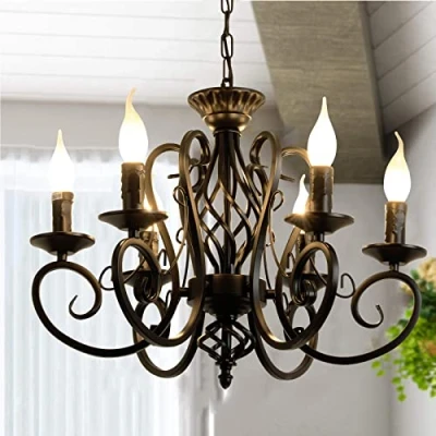 Immagine di Ganeed Lampadario rustico francese di campagna, lampadari in ferro con candela a 6 luci da fattoria, lampada sospensione metallo vintage per isola cucina, sala pranzo, camera letto…