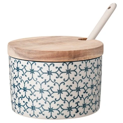 Immagine di Bloomingville Contenitore per Sale con Coperchio e Cucchiaio Kristina in gres colorato Ø 10 cm, Blu, Ceramica Gres, capacità 250 ml