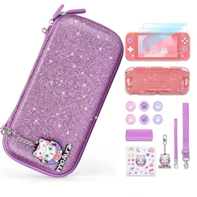 Immagine di innoAura Custodia per Switch Lite Sparkly, Set di Accessori 16 in 1 con Borsa de Trasporto Lite, Protezione Schermo, Giochi Switch(Paillettes Viola)