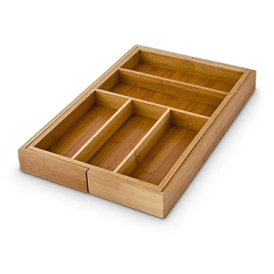 Immagine di Relaxdays Portaposate da Cassetto in Bambù, Regolabile, Estensibile, HLP: 5x48x46 cm, 5 7 Scomparti, Colore Naturale