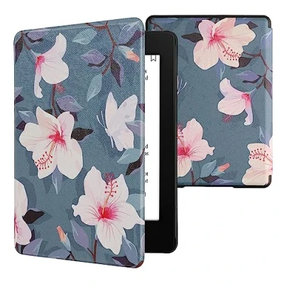 Immagine di kwmobile Cover per Kindle Paperwhite Custodia 6,8 Pollici 11 Generazione 2021 Copertina eReader eBook Reader Case Fiori Fucsia Bianchi e Rosa