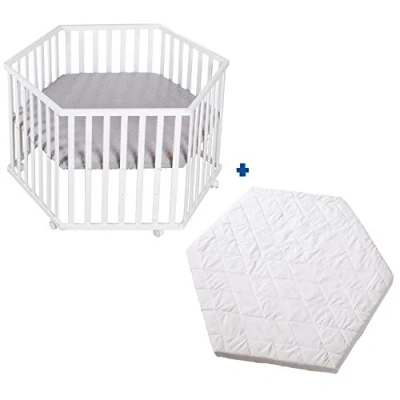 Immagine di roba Box + Materasso per Bambini Style Esagonale 112 x 97 cm Cuscinetti di Protezione Paracolpi Regolabile a 3 Altezze 6 Ruote con Freni Bianco e Grigio
