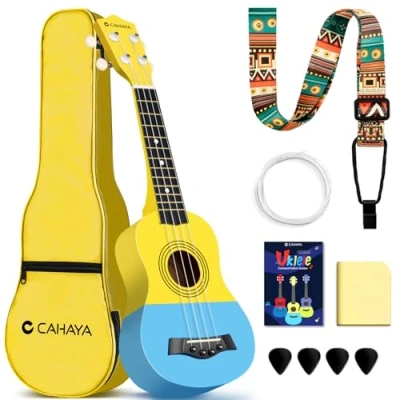 Immagine di CAHAYA Ukulele Soprano da 21 Pollici: in Tiglio con Custodia Portatile, Tracolla Regolabile Spartiti Corde di Ricambio Panno per la Pulizia e 4 Plettri, Adatto Principianti Adulti, Giallo