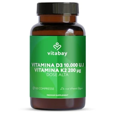 Immagine di Vitabay Vitamina D3 K2 10000 UI e 200 mcg 180 Compresse di Colecalciferolo da Germe Grano Vegane ad Alto Dosaggio All Trans 99,99% Rilascio Prolungato Testato in Laboratorio