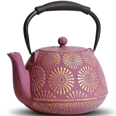 Immagine di MILVBUSISS teiera in ghisa, 1200 ml, grande capacità, con infusore, per piano cottura, design Sakura, giapponese foglie sfuse rivestita interno smaltato, manico silicone, colore: