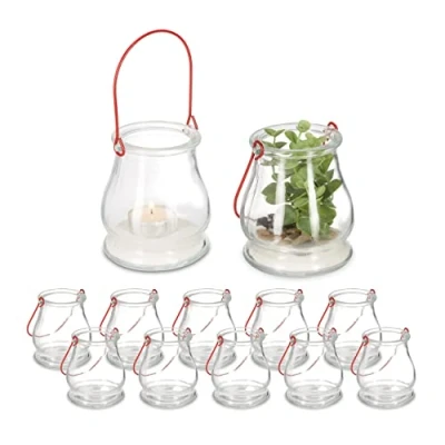 Immagine di Relaxdays Vasetti Portacandele, Set da 12, Ampolle Vetro con Manico Interni e Esterni, HxD 10x8,5 cm, Trasparente Rosso