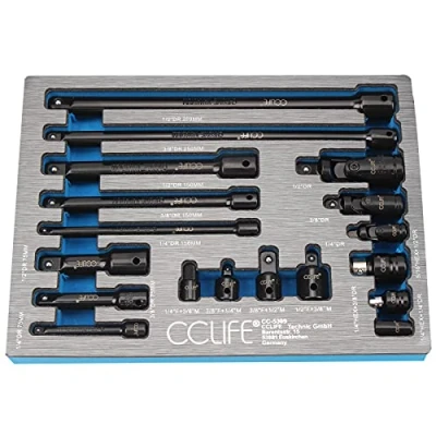 Immagine di CCLIFE 18 Pezzi Set di Cr V Chiavi a Bussola Universali da 1/4 + 3/8 1/2 pollici con Prolunga Giunto Cardanico e Adattatore Bussole