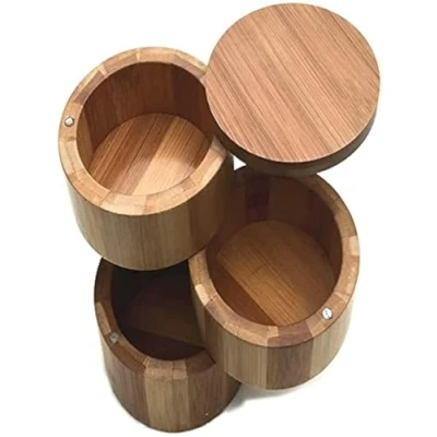 Immagine di feedal Barattolo rotondo in bambù, contenitore per sale e spezie, con coperchio girevole magnetico, 7 x 9 cm (3 ripiani)