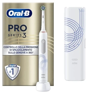 Immagine di Oral B Spazzolino Elettrico Ricaricabile Pro Series 3, Sensore di Pressione Luminoso, Batteria a Lunga Durata, 1 Testina, Elettrico, Custodia Viaggio, Bianco, Idea Regalo