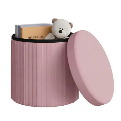 Immagine di WOLTU Pouf Contenitore, Sgabello con Contenitore Rotondo, Poggiapiedi per Divano, Basso Pieghevole, Soggiorno, Camera da Letto, in Velluto, φ38xH36cm, Rosa Chiaro