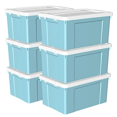 Immagine di Cetomo 65L* 6 Scatola portaoggetti in plastica, contenitore organizer con coperchio durevole e fibbie di chiusura sicura, impilabile annidabile, confezione da pezzi, blu fibbia