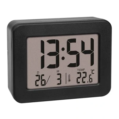Immagine di TFA Dostmann Mini sveglia digitale da comodino, 60.2044.01, orologio tavolo, a batteria, con data e termometro interno, viaggio, piccolo, nero