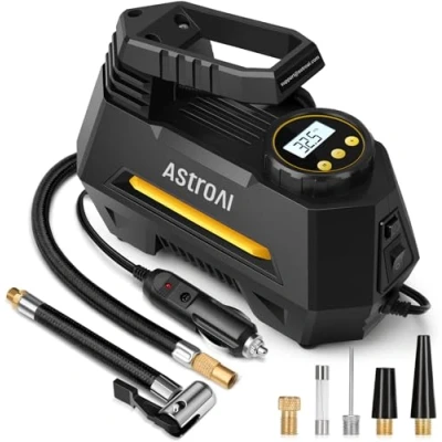 Immagine di AstroAI Compressore Aria Portatile Digitale 12 Volt CC Mini Pompa Elettrica per Bicicletta e Moto,Compressore Auto con Manometro Luce LED,Cavo da 3M,Adattatori Fusibile(Nero)