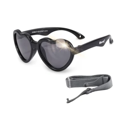 Immagine di Maesy Occhiali da sole per Bambini Maes 0 2 anni Flessibili Cinturino elastico regolabile Protezione polarizzata UV400 e bambine Cuore (Nero)