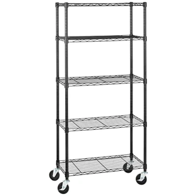 Immagine di Amazon Basics Scaffaliera a 5 ripiani medi con rotelle da 10,2 cm, altezza dei ripianie piedini regolabili, peso massimo 680 kg, Nero, 35,6 x 76.2 164.5 cm (D W H)