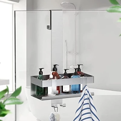 Immagine di Mensola Doccia da Appendere, Portaoggetti in SUS304 Acciaio Inox Appendere al Porte Vetro Senza Foratura,Bagno Portaoggetti,Porta Bagnoschiuma Doccia,Porta Shampoo per