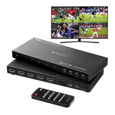 Immagine di HDMI Multiviewer Switch 4x1 con PIP, Porta Quad Multi Viewer Switcher senza fluido 4 in 1 Out TosLink, Supporto audio da 3,5 mm 1080p 60Hz, 6 modalità di visualizzazione, downscaler