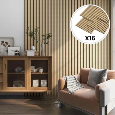Immagine di NEU.HOLZ Set di 16 Pannelli Fonoassorbenti Decorativi Isolamento Acustico per Parete e Soffitto in Feltro Pet con Listelli MDF Rovere Chiaro