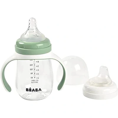 Immagine di BÉABA, Biberon/Tazza di apprendimento 2 in 1, Tazza con cannuccia per bambini, 100% a tenuta, Salvagoccia, Facile da aprire, Manici removibili, Tritan e Silicone, 210 ml, Verde salvia