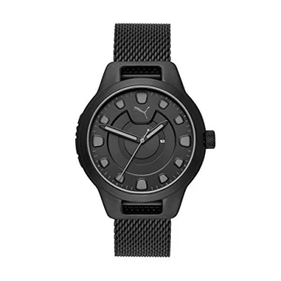 Immagine di Puma Orologio Reset da uomo, movimento a tre lancette con data, cassa in lega nera 43 mm e bracciale acciaio, P5007
