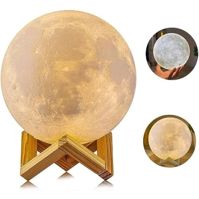 Immagine di AGM 3D Moon Lamp 15CM 2 Colori, Lampada Touch Ricaricabile USB Luce Notturna Sensibile con Supporto in Legno per Camera da Letto di Natale
