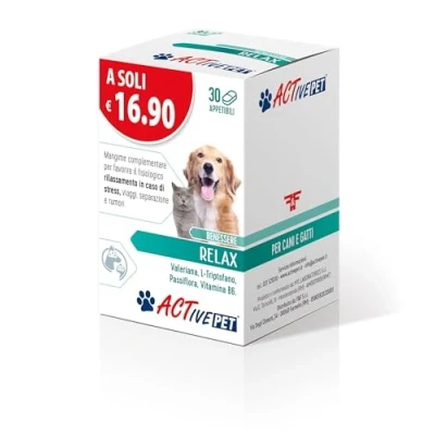 Immagine di Active Pet Relax, Mangime Complementare per Favorire il Fisiologico Rilassamento con Valeriana, L Triptofano, Passiflora e Vitamina B6, Cani Gatti 1 Confezione da 30 Compresse
