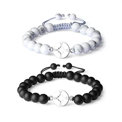 Immagine di COAI Coppia Bracciali della Distanza &#039;Ovunque, Non Importa Dove&#039; con Amuleto Bussola, Regolabili Lui e Lei in Onice Opaca Howlite