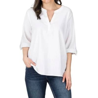 Immagine di DENIMFY Camicetta da donna estiva leggera, vestibilità normale, DFSara, in lino, a 3/4, con scollo V, tinta unita, bianco, beige, verde, S, M, L, XL, XXL, S