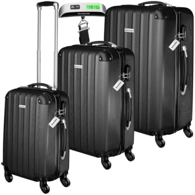 Immagine di TecTake® Set 3 Valigie, Rotelle Girevoli, Trolley Rigidi in ABS, Maniglie Telescopiche, Lucchetti a Combinazione, Viaggio con Bilancia ed Etichette per Bagagli Nero