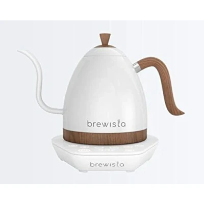 Immagine di Brewista Artisan Pearl Bianco e base bianca Bollitore elettrico Becco d&#039;oca Controllo della temperatura Barista del caffè lento 1,0 L