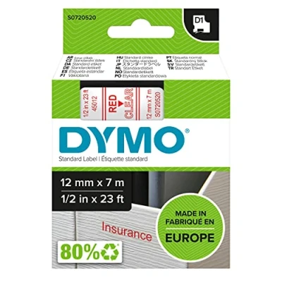 Immagine di Dymo D1 Etichette Autoadesive per Stampanti LabelManager, Rotolo da 12 mm x 7 m, Stampa Rossa su Trasparente, 1 Pezzo S0720520