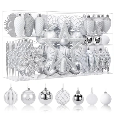 Immagine di SHareconn, Set di 106 palline natalizie decorative, in plastica infrangibile, per albero Natale, adatte come decorazioni festività, matrimoni e feste, con ganci inclusi, colore bianco argento