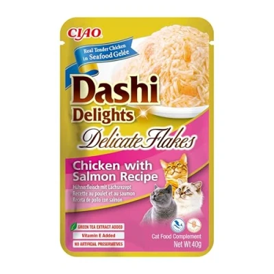 Immagine di INABA Dashi Delights Delicate Flakes, Delicati Fiocchi in Brodo di Pollo Con Salmone Cibo Umido per Gatti, Snack Gatti Proteine, Ingredienti Naturali Pasto Complementare 1 x 40gr