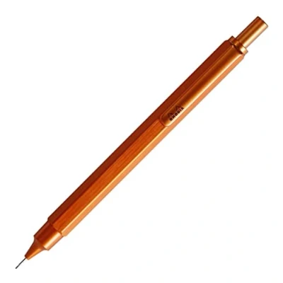 Immagine di RHODIA 9398C Porta mine scRipt Corpo esagonale in alluminio spazzolato Arancione per grafite standard 0,5 mm, Fusto acciaio retraibile, Gomma sotto il Pulsante Collezione