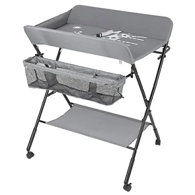 Immagine di Fasciatoio Pieghevole per Neonato con Struttura Stabile, Portatile Scomparti Portaoggetti, Tavolo da Massaggio Tasche a Rete e Salvaspazio, Antibatterico (80 * 66 98 cm (grigio))