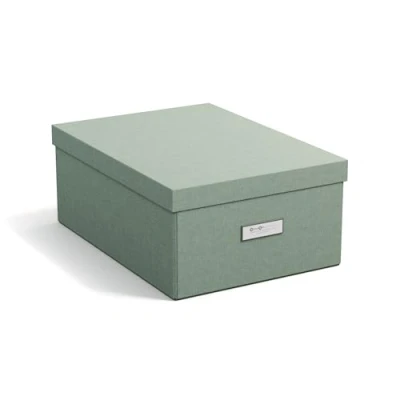 Immagine di BIGSO BOX OF SWEDEN KATIA scatola portaoggetti di medie dimensioni con coperchio, stabile organizer in fibra e carta effetto lino, pratica pieghevole cornice per etichette, verde menta