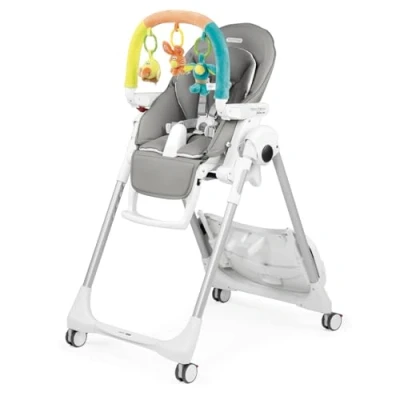 Immagine di Peg Perego Prima Pappa Follow Me Plus Seggiolone e Sdraietta Neonato, Dalla Nascita, Regolabile in Altezza, 4 Ruote, Barra Gioco, Doppio Vassoio, Rivestimento Ecopelle, Chiusura Compatta, Ice